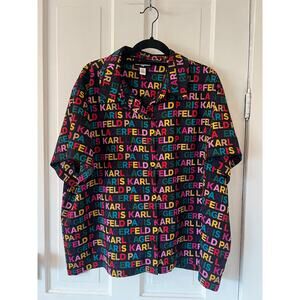 Karl Lagerfeld Multicolor Logo Print Women's 2X Button Up Lightweight Blouse